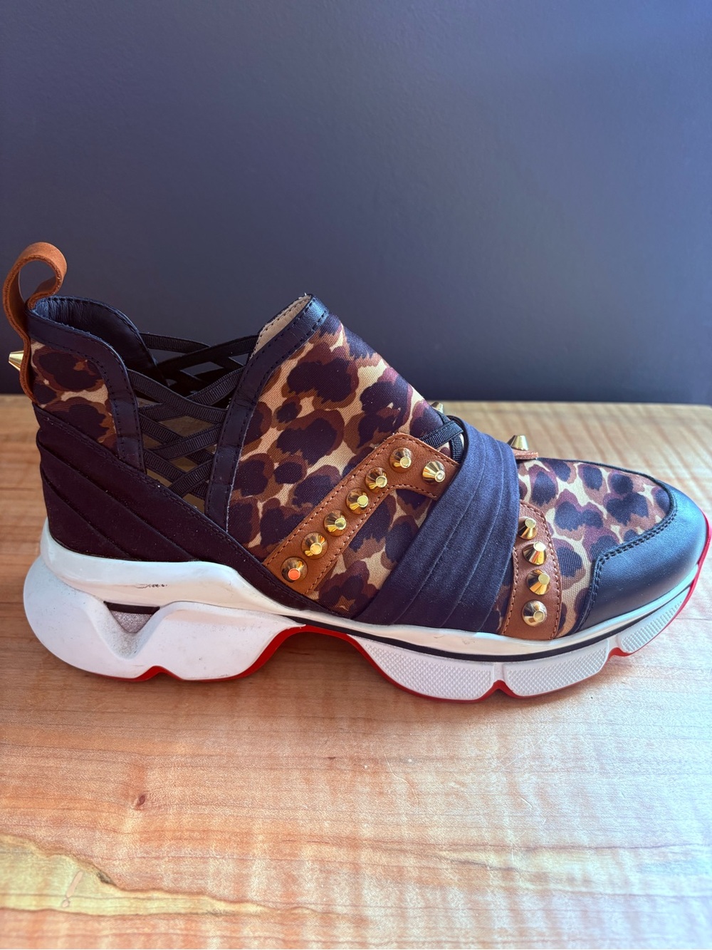 Christian Louboutin Leopard Print Studded Platform Sneaker Red Bottoms size 8